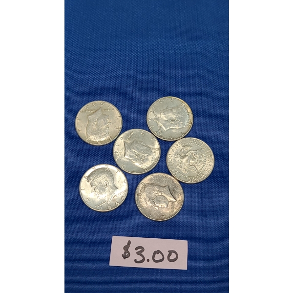1964 90% Silver Kennedy Half Dollars - Face Value: $3.00