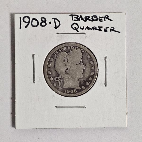 1908-D 90% Silver Barber Quarter Dollar