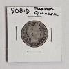 Image 1 : 1908-D 90% Silver Barber Quarter Dollar