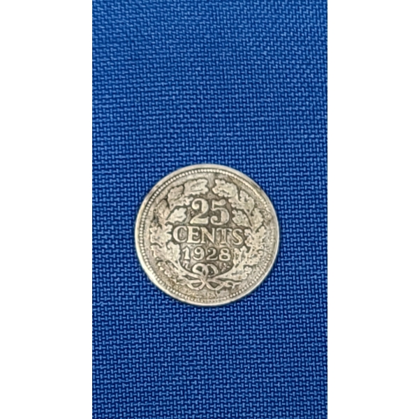 1928 Netherlands Queen Wilhelmina 25 Cent Silver Coin