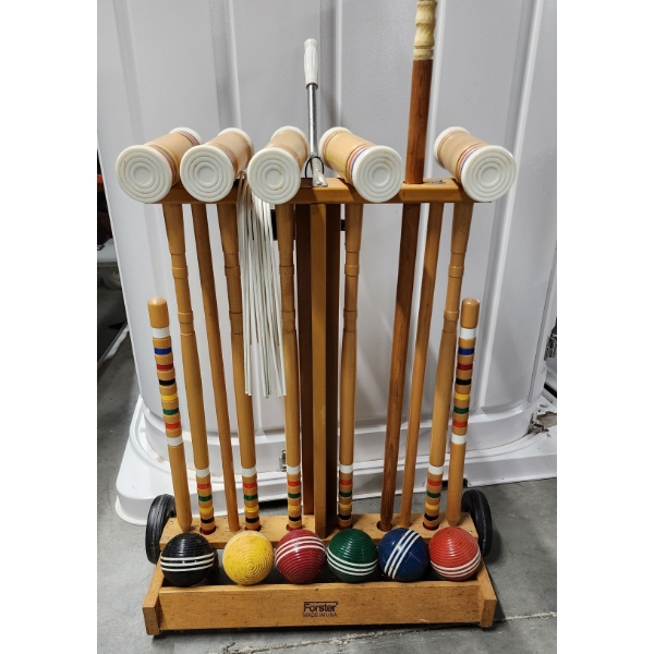 Vintage Forster Wooden Croquet Set on Rolling Cart