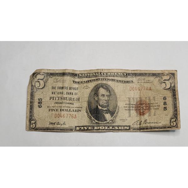 Series 1929 $5 National Currency Note Issued By The Farmers Deposit National Bank Of Pittsburgh, PA