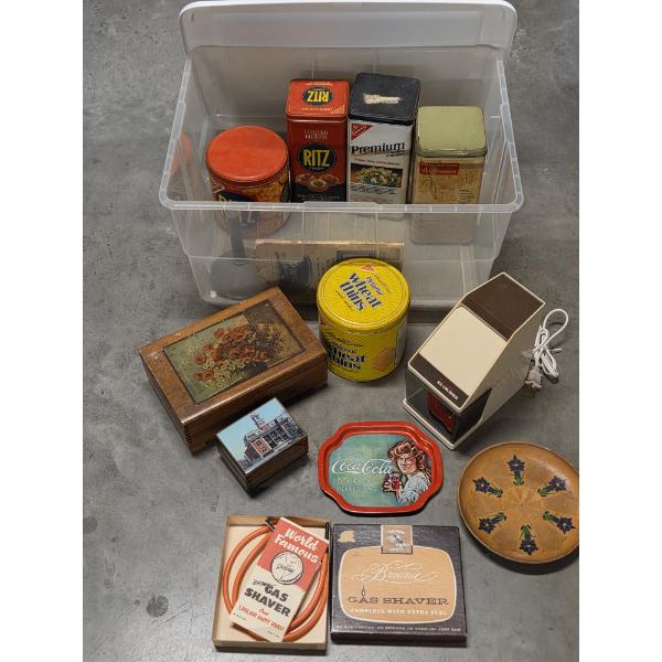 Storage Tote With Vintage Tins, Ice Crusher Machine, Gas Shaver & More!