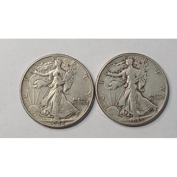 United States 1942 & 1945 Walking Liberty 90% Silver Half Dollars - Face Value: $1.00