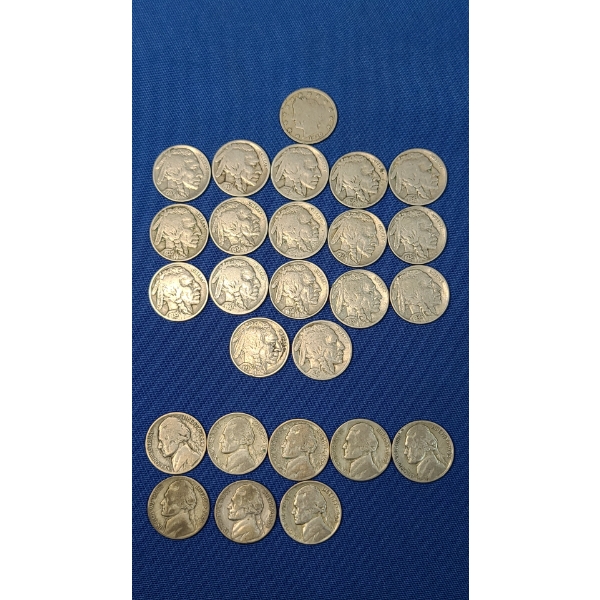 Assorted US Nickels Including 35% Silver Jefferson War Time, V & Buffalo Nickels - Face Value $1.30