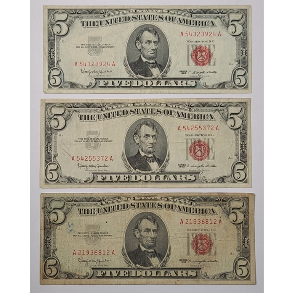 (3) United States Series 1963 $5 Red Seal Bank Notes - Face Value: $15.00