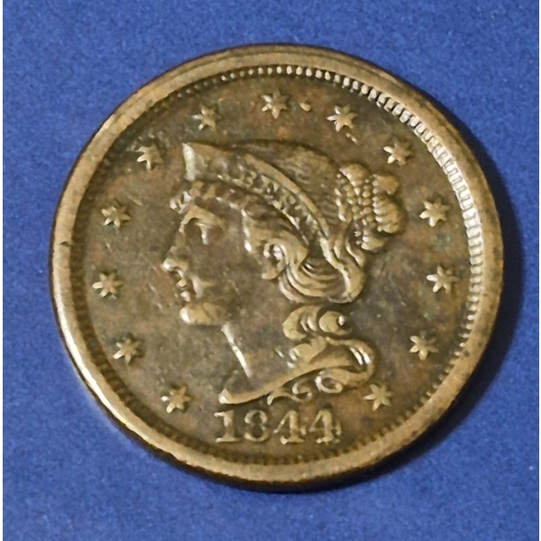 US COINS - RARE HIGH GRADE PRE CIVIL WAR 1844 UNITED STATES BRAIDED HAIR LARGE CENT