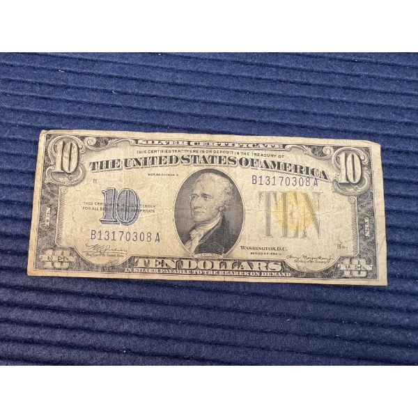 1934-A TEN DOLLAR NORTH AFRICA YELLOW SEAL SILVER CERTIFICATE - RARE