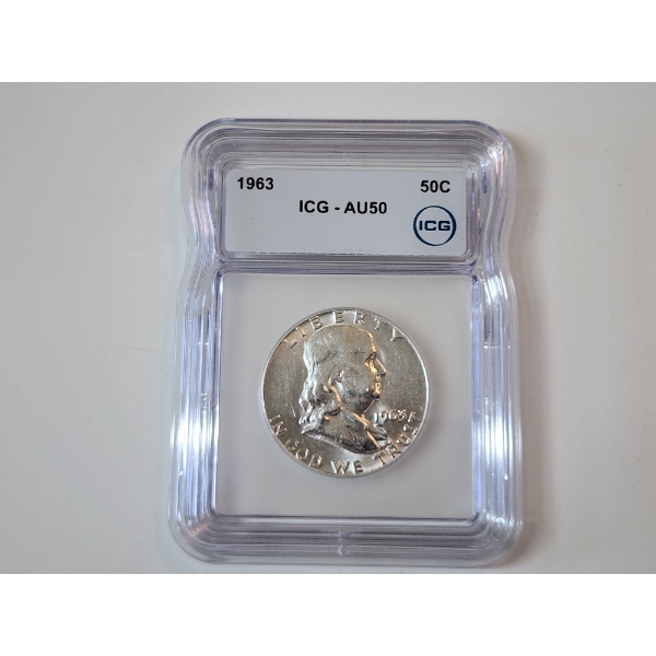 ICG GRADED AU50 1963 90% Silver Franklin Half Dollar 