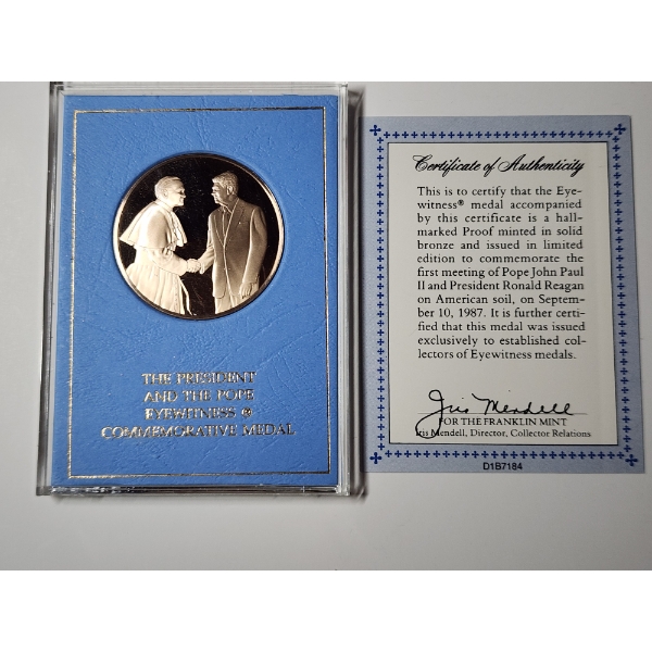 The Franklin Mint "The President And The Pope" Eyewitness Solid Bronze Medal w/ Display & COA