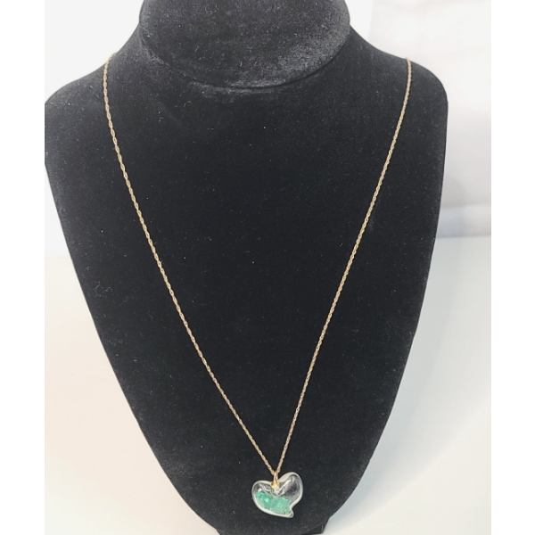 Glass Heart Shaped Pendant Filled With Small Emeralds On Gold Filled Chain - Chain Weight: 1.3g