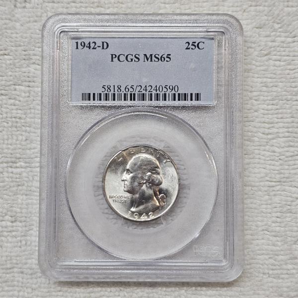 1942-D 90% Silver Washington Quarter professionally graded and certified by PCGS as MS65