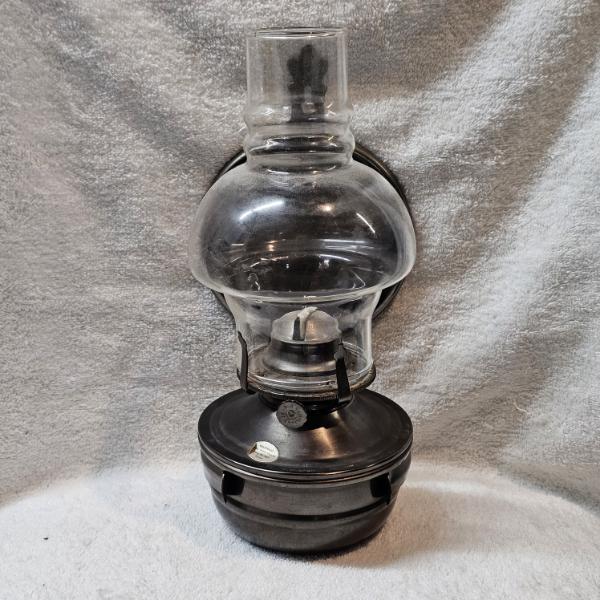 Vintage Brass Wall Mount Kerosene Oil Lamp with Glass Chimney and Reflector Bracket