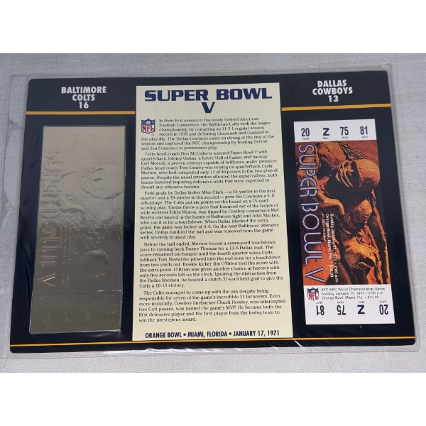 Authentic 1971 Super Bowl V NFL Football Ticket & 24K Gold Plated Ticket - Mint Condition