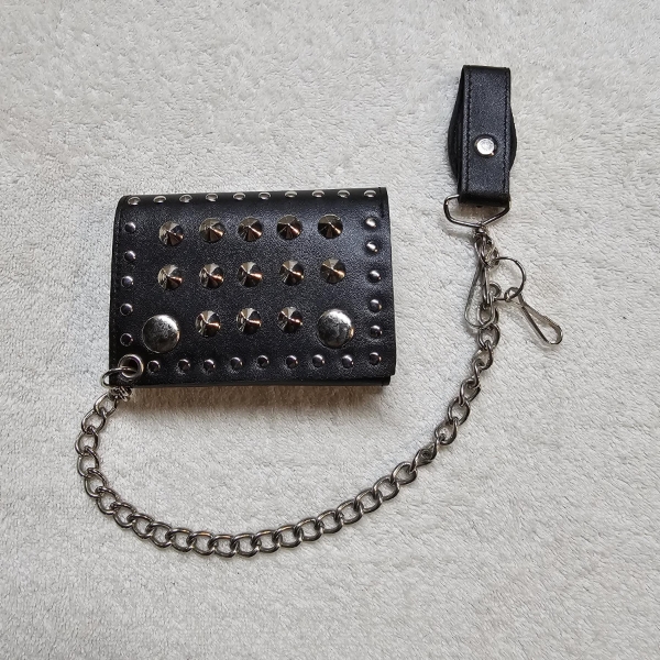 TWO NEW IN PLASTIC Punk or Biker Style Studded Black Leather Wallet with 14" Chain ~
