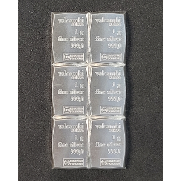 6 - Valcambi Fine Silver 999.0 Bars Weighing 1 Gram Each ~ 6 TOTAL GRAMS .999 FINE SILVER