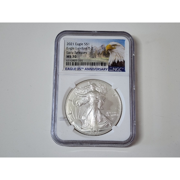 NGC MS70 2021 American Silver Eagle - Eagle Landing T-2 Early Releases - 1 oz .999 Fine Silver