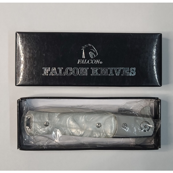 NEW Falcon Silver & White Pearlex Spring Assisted Stiletto Knife W/ 440 Stainless Steel 3.75" Blade