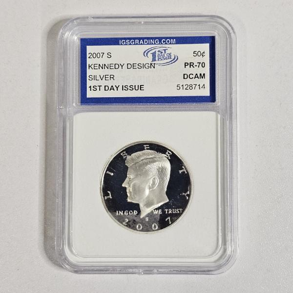 2007-S 90% Silver Kennedy Half Dollar graded as PR-70 DCAM (Deep Cameo) by IGS