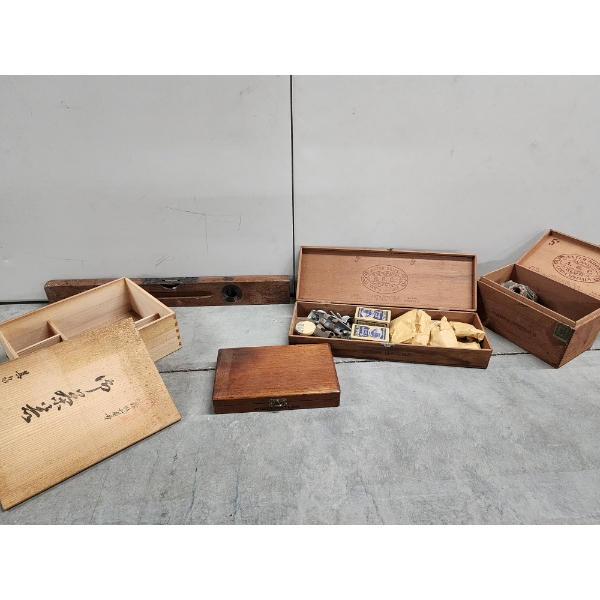 Lot of Vintage Wooden Boxes, Cigar Boxes, with Contents and Vintage Stanley Level