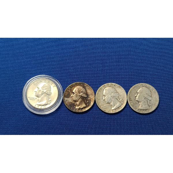(4) Assorted Years 1942, 1955, 1964 x2 Washington Head 90% Silver Quarters - Face Value: $1.00