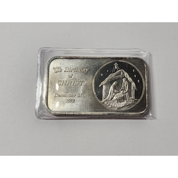 "The Birthday of Christ" 1973 Crabtree Mint One Ounce .999 Fine Silver Bar