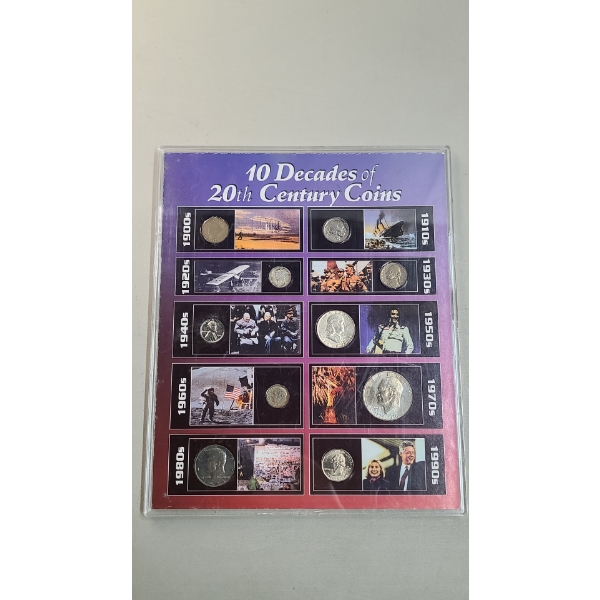 "10 Decades Of 20th Century Coins" In Acrylic Display - Face Value: $2.56