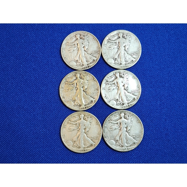 x6 Assorted Years Walking Liberty 90% Silver Half Dollars FV: $3.00