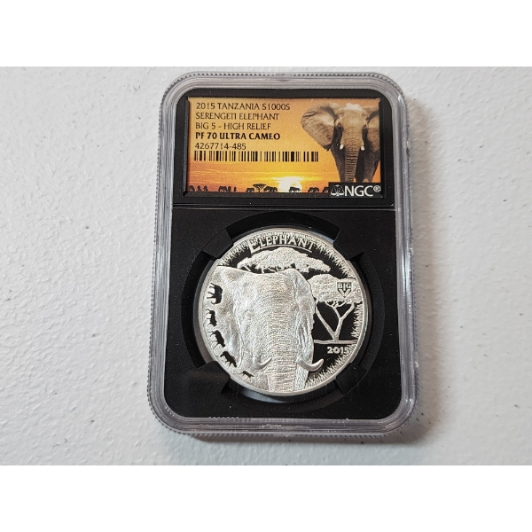 NGC 2015 Tanzania 1000S Serengeti Elephant Big 5 - High Relief 1oz Silver Coin PF 70 ULTRA CAMEO