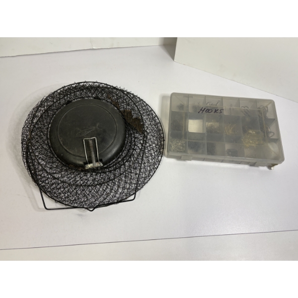Collapsible Floating Wire Fishing Basket & Box of Fishing Hooks 