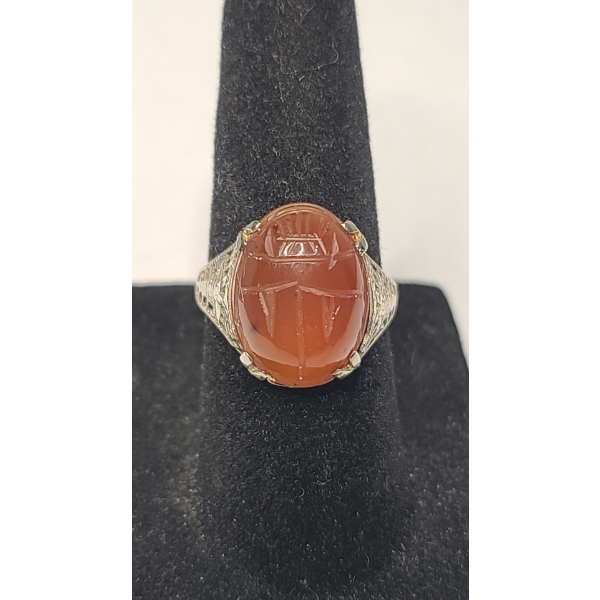 14K Gold Egyptian Revival Carved Carnelian Scarab Ring- Size 6 - Weight: 3.4g