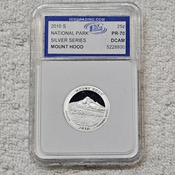 2010-S 90% Silver Mt. Hood Quarter certified as PR-70 Deep Cameo (DCAM) by IGS Grading