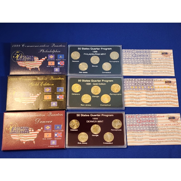1999 Commemorative Quarter Sets: Philadelphia Mint, Denver Mint, & Gold Edition 