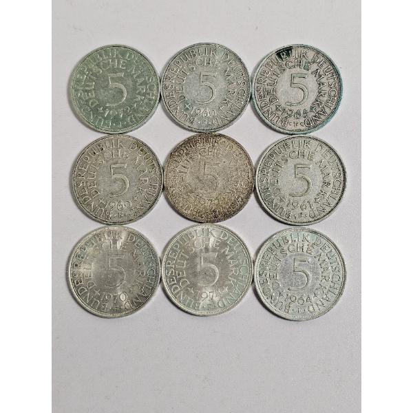 A Collection of German 5 Deutsche Mark Silver Coins - 9 Count ~ SEE DESCRIPTION!