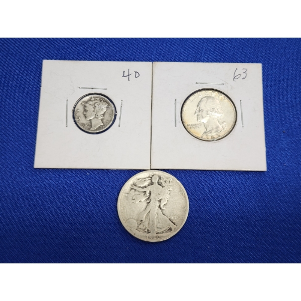 3 90% Silver U.S. Coins: 1940-D Mercury Dime, 1963 Washington Quarter, & 1920 Walking Liberty Half 