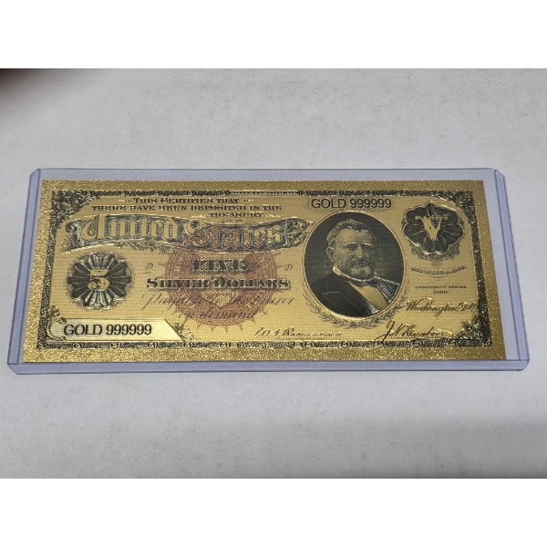 US Five Dollar Gold 999999 24k Silver Certificate Note In Mint Condition In Protective Holder