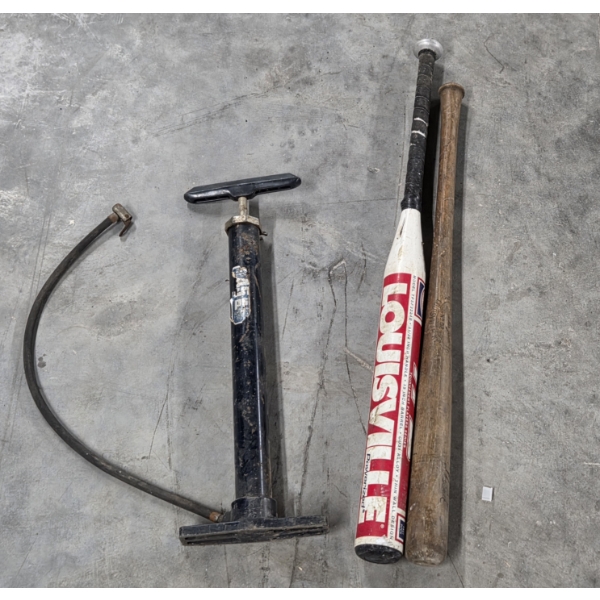 Two Vintage Louisville Slugger Baseball Bats & Vintage Foot Pump 