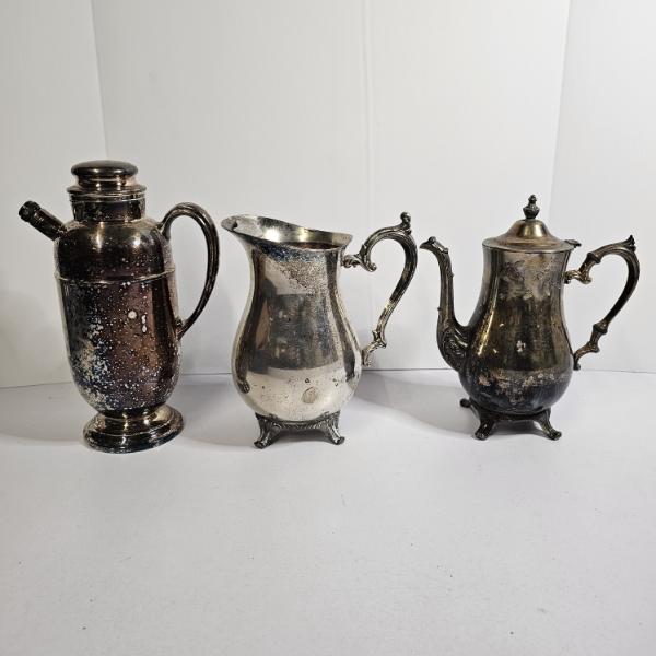 Vintage Silver Plated Cocktail Shaker Water Pitcher And Teapot Hollowware Lot - 6lbs
