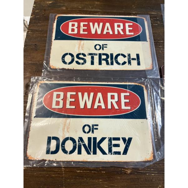 6 Tin Signs - 1 is 10x14 & the rest 9x12 - Beware of Ostrich - Donkey - Bumble Bee - Pygmy Goat 