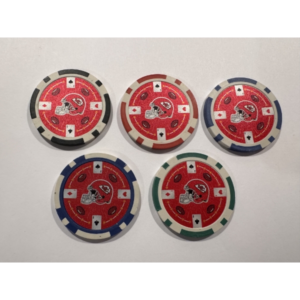 5 - RARE Kansas City Chiefs NFL Clay Poker Chips - Mint Condition - Complete Set