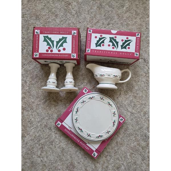 PICKUP IN CANTON - Longaberger Holly Berry Trivet, Sauce Boat, And Candle Sticks All In Excellent Co