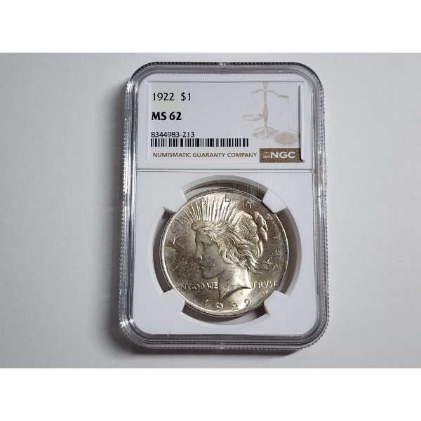 1922 Silver Peace Dollar Graded by NGC MS 62