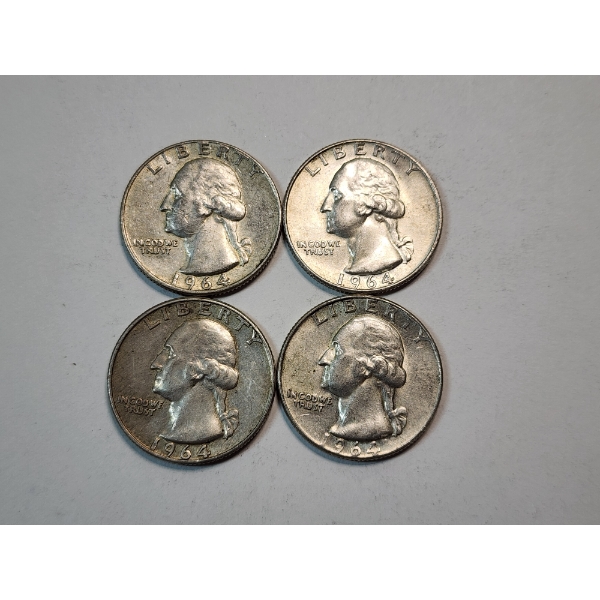 Four 1964 90% Silver Washington Quarters Face Value: $1.00