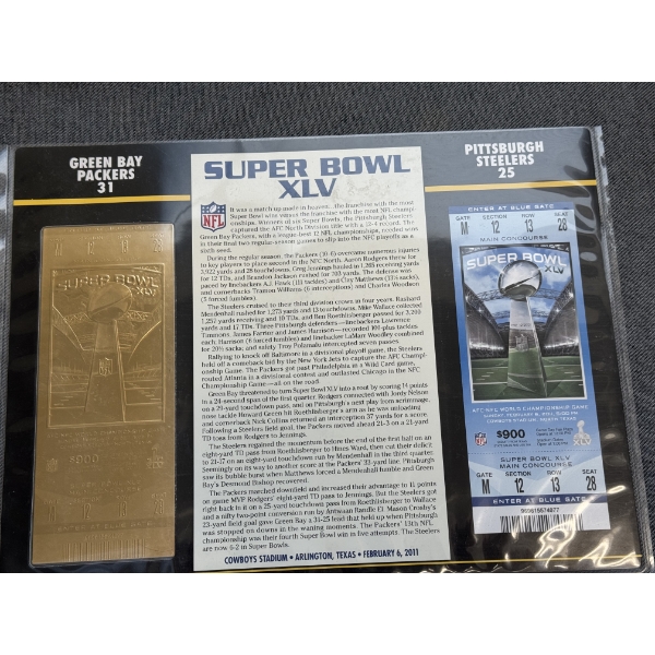 Authentic 2011 Super Bowl XLV NFL Football Ticket & 24K Gold Plated Ticket - Mint Condition