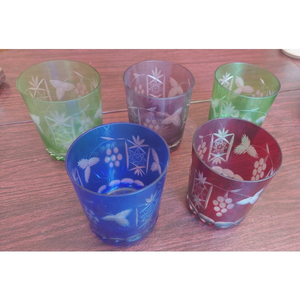 Set Of 5 Colored Water Or Whiskey Glass Tumblers As Shown slightly used unmarked