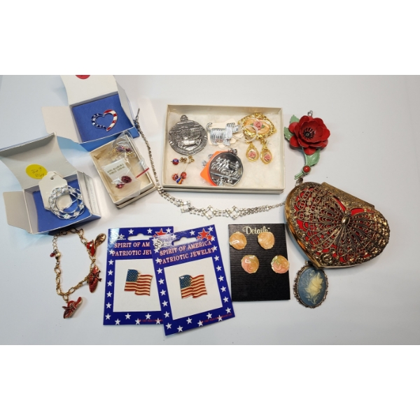 Large Lot of Assorted Fashion Jewelry Items: Pins, Necklace, Bracelet, Pouch - See Photos! 