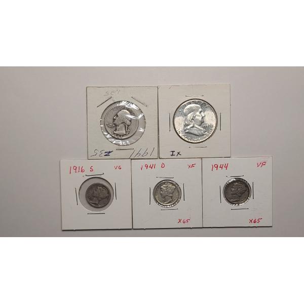 Assorted 90% Silver U.S Coins Including 1959 Franklin Half Dollar - Face Value: $1.05