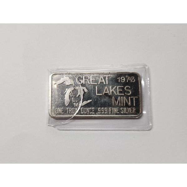 Great Lakes Mint 1973 One Troy Ounce .999 Fine Silver Bar