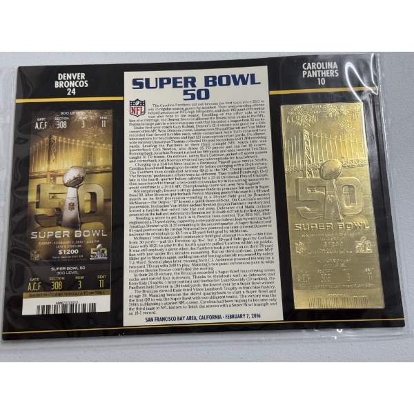 Authentic 2016 Super Bowl 50 NFL Football Ticket & 24K Gold Plated Ticket - Mint Condition