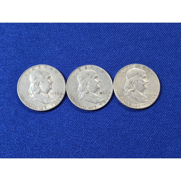 3 - Franklin 90% Silver Half Dollars; 1952-D, 1963-D, 1960
